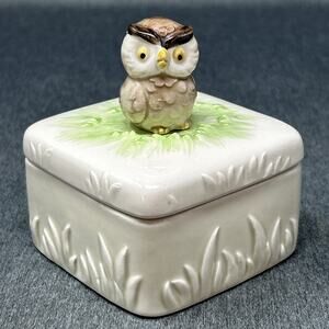 Vintage M Japan Owl Ceramic Trinket Box Square Lidded Jewelry Dish MCM Kitschy